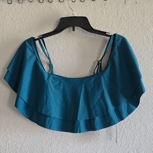 Teal Off-Shoulder Ruffle Swim Top